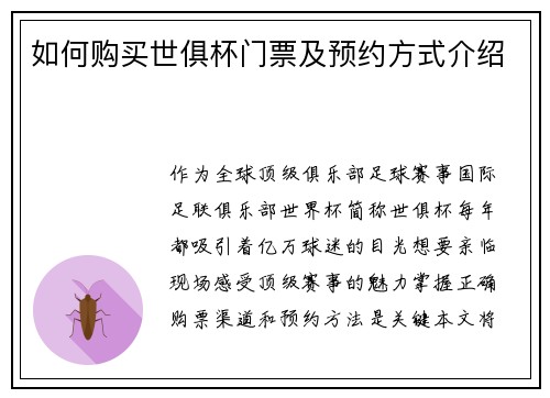 如何购买世俱杯门票及预约方式介绍