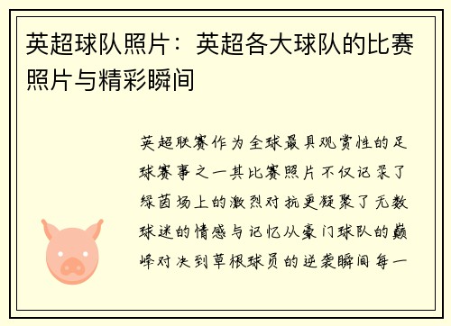 英超球队照片：英超各大球队的比赛照片与精彩瞬间