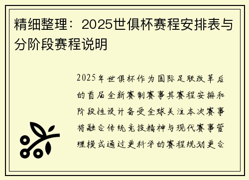 精细整理：2025世俱杯赛程安排表与分阶段赛程说明