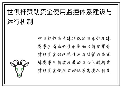 世俱杯赞助资金使用监控体系建设与运行机制